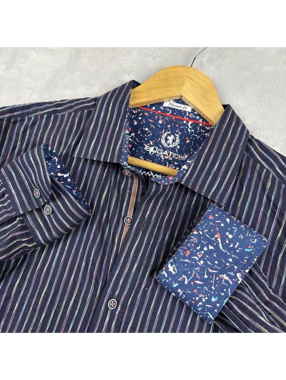 Bugatchi Uomo Mens Shaped Fit M Multicolor Stripe Button Up Dress Shirt Designer